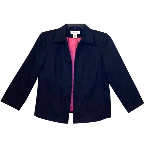 Judith Hart Petites Blazer Jacket Womens 10P Black 3/4 Sleeve Pink Polka Dot - Picture 1 of 8